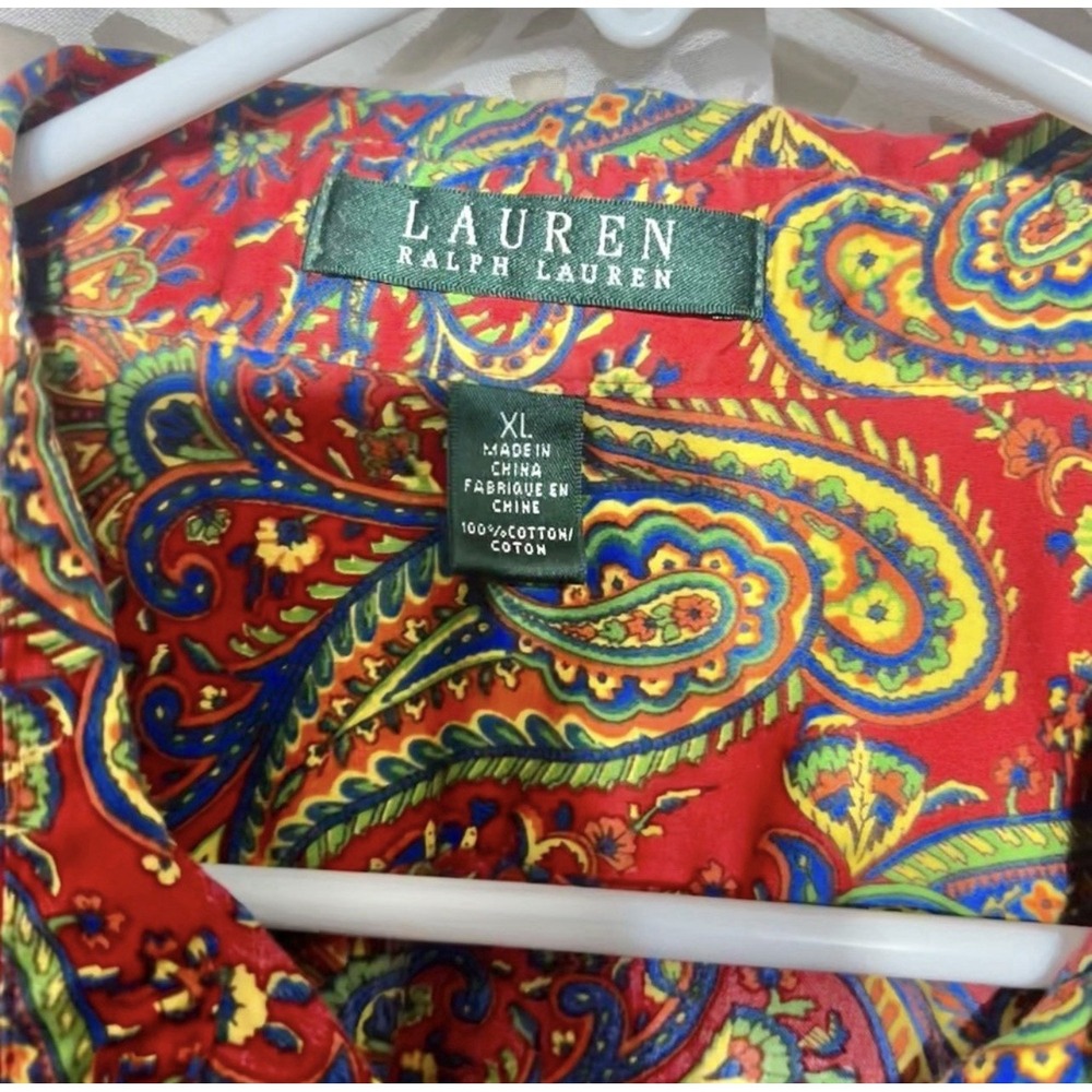 Lauren Ralph Lauren Paisley Button Front Shirt Red Multicolor XL 100% Cotton - Picture 5 of 9